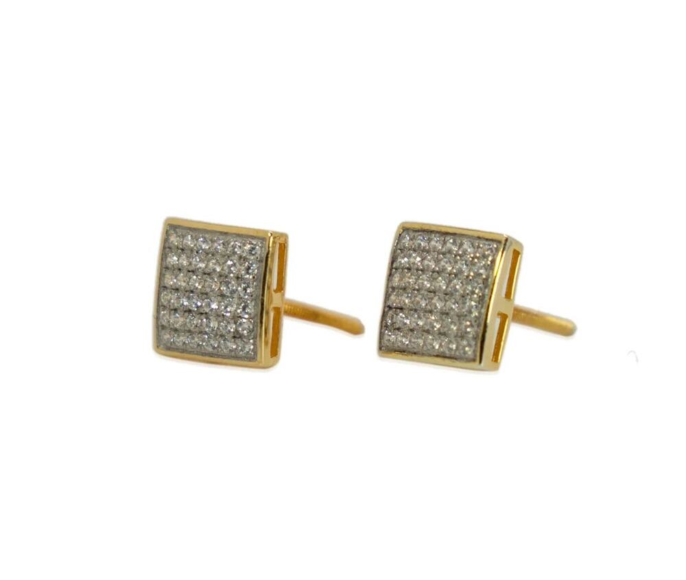 Mens 14K Gold Plated 925 Sterling Silver CZ Square Kite Earrings Studs 9mm